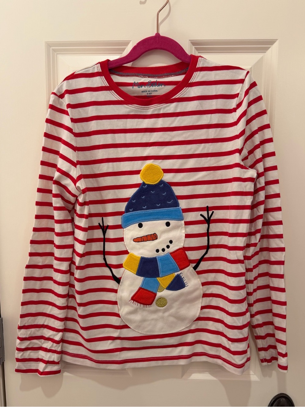 Mini Boden Red & White Striped Snowman Long-Sleeve Tee